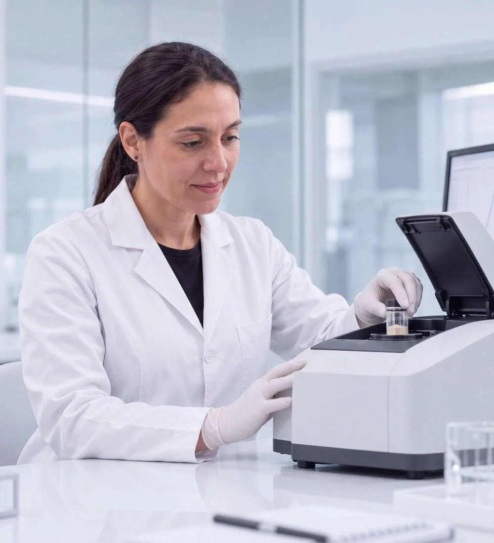 Profesional trabajando con equipamiento de análisis de Teknal
