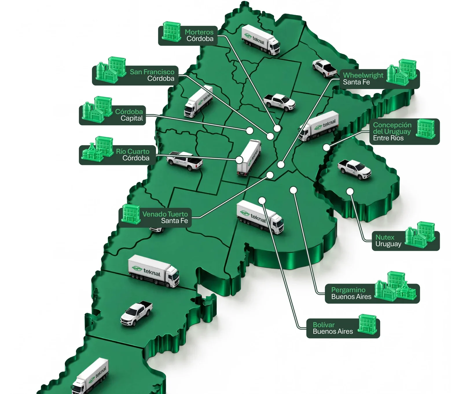 Mapa institucional de presencia y cobertura de Teknal en Argentina y Uruguay, con instalaciones y sucursales